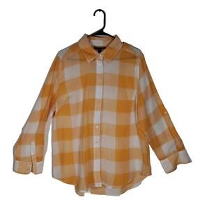 Lane Bryant Shirt Roll Tab Button Blouse Sleeve Yellow Check Size 14/16